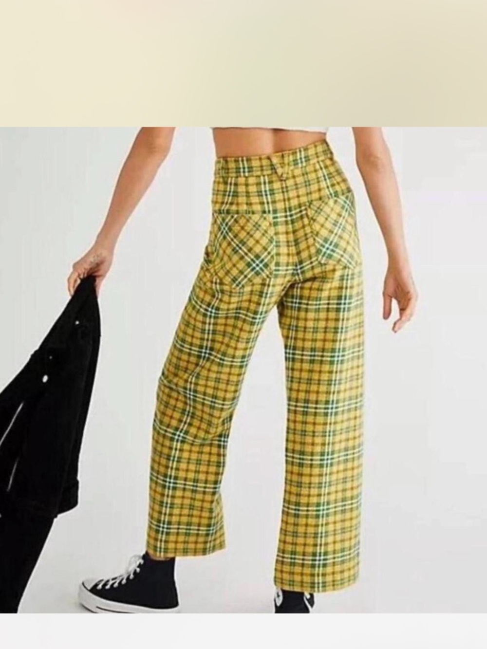 Free People Yellow Plaid Wide-Leg Trousers